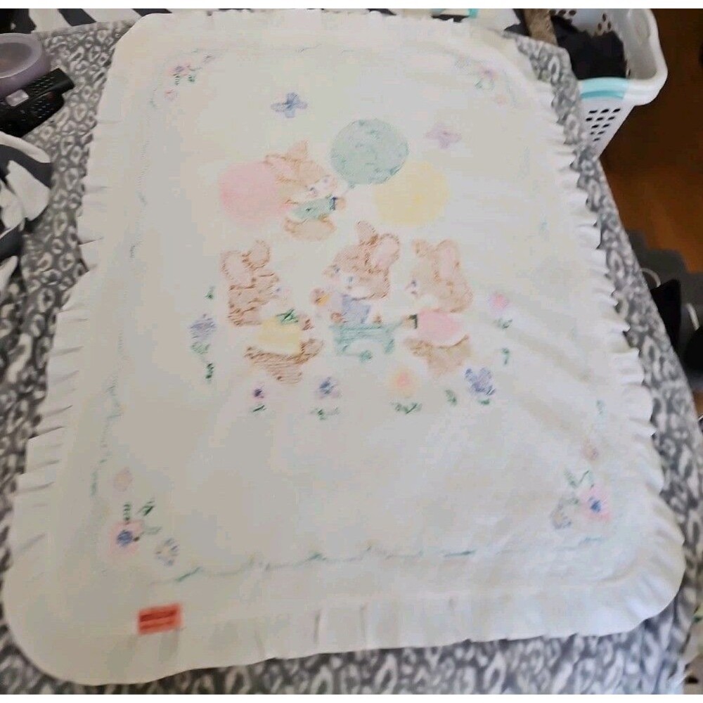 Handmade Baby Blanket Embroidered Cross Stitch Bunnies Ruffled Edge 42" X 33" - Picture 13 of 15